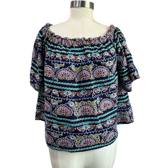 Aqua Off Shoulder Embroidered Boho Peasant Top Colorful Print Size M - Picture 2 of 5